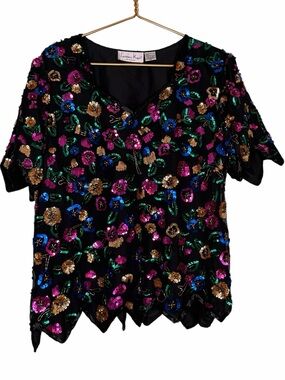 Laurence Kazar Black Beaded Zigzag Hem Top with Colorful Sequin Flowers